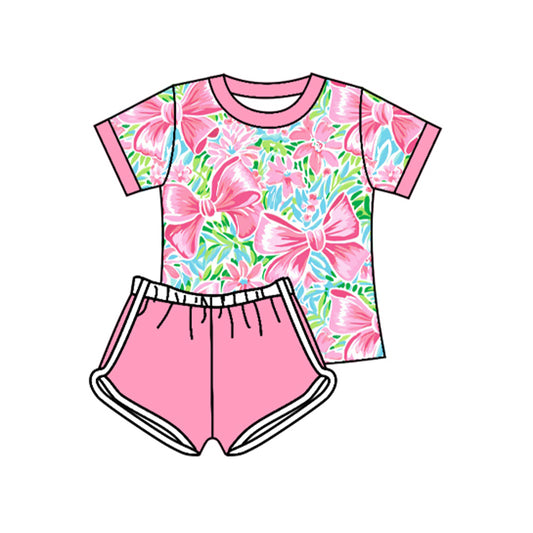 Baby Girls Pink Short Sleeves Watercolor Bows Floral Top Short Set Preorder