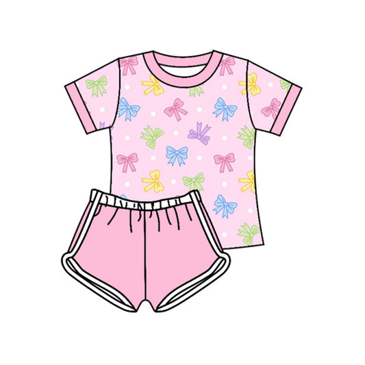 Preorder moq 5 Baby Girls Pink Short Sleeves Colorful Bows Top Short Set