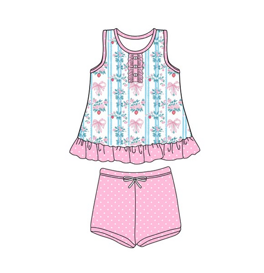 Baby Girls Sleeveless Button Floral Bows Stripe Tunic Polka Dots Short Set Preorder