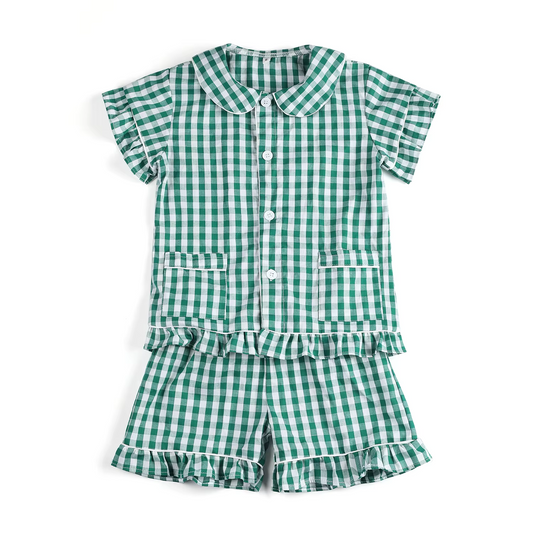 Baby Girls Green Plaid Short Sleeves Button Pocket Top Ruffle Short Pajamas Set Preorder