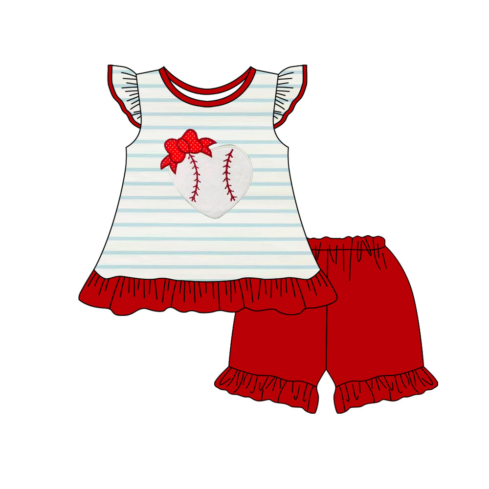 Preorder moq 5 Baby Girls Blue Stripe Flutter Sleeves Heart Baseball Tunic Red Ruffle Short Set