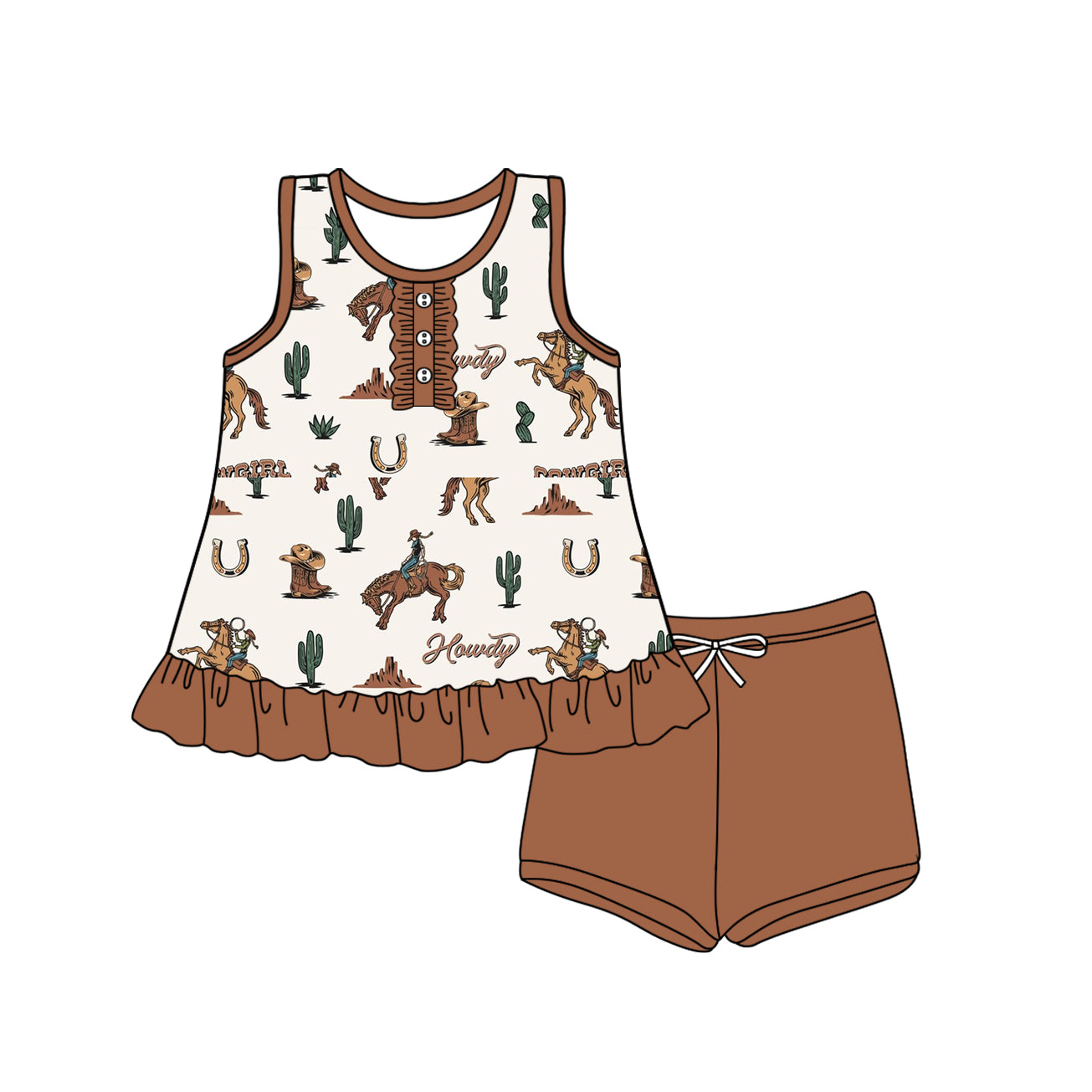 Baby Girls Brown Sleeveless Button Horse Rodeos Cactus Tunic Short Set Preorder