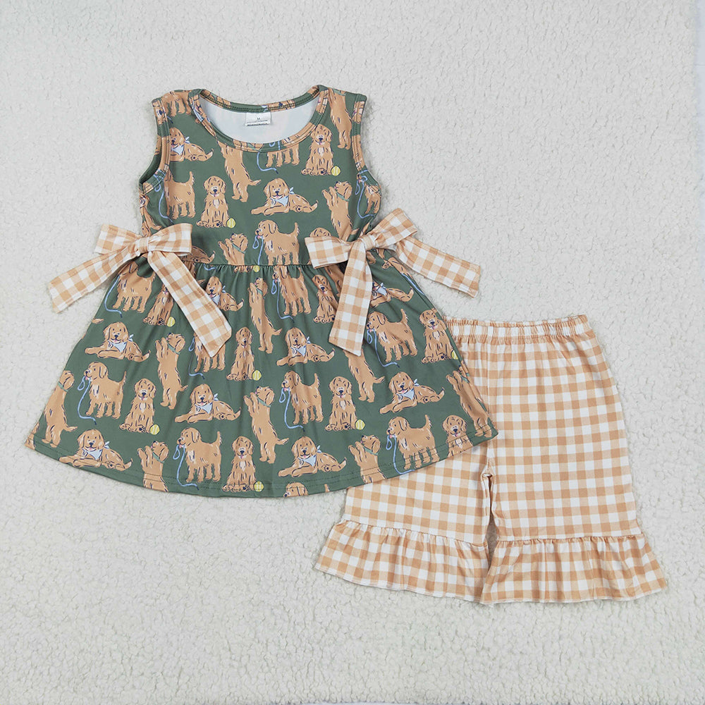 Baby Girls Green Sleeveless Dogs Bows Tunic Khaki Plaid Ruffle Shorts Sets