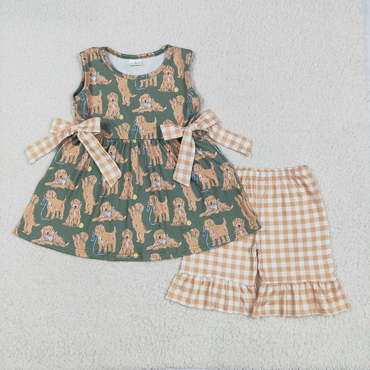 Baby Girls Green Sleeveless Dogs Bows Tunic Khaki Plaid Ruffle Shorts Sets