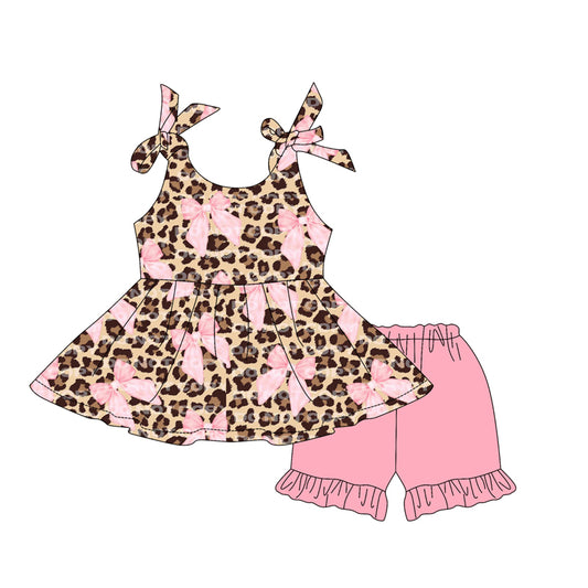Baby Girls Strap Leopard Bows Tunic Pink Ruffle Short Set Preorder
