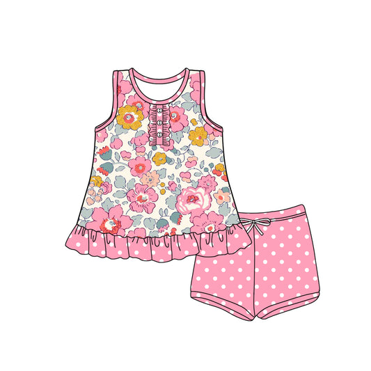 Baby Girls Pink Sleeveless Button Floral Tunic Polka Dots Short Set Preorder