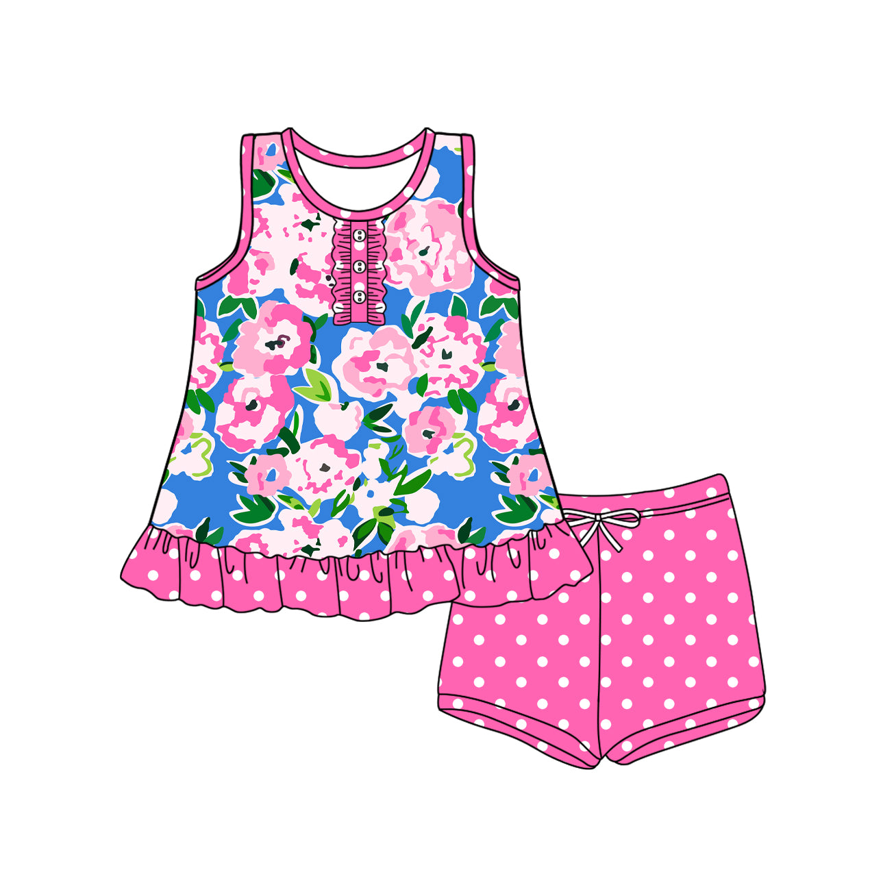 Preorder moq 5 Baby Girls Sleeveless Button Floral Plaid Tunic Polka Dots Short Set