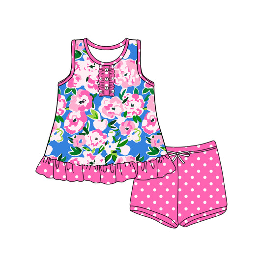 Preorder moq 5 Baby Girls Sleeveless Button Floral Plaid Tunic Polka Dots Short Set