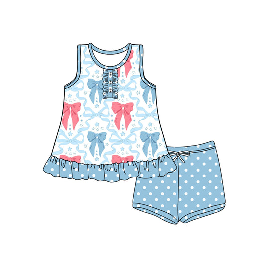 Baby Girls Blue Sleeveless Button Bows Stars Tunic Polka Dots Short Set Preorder