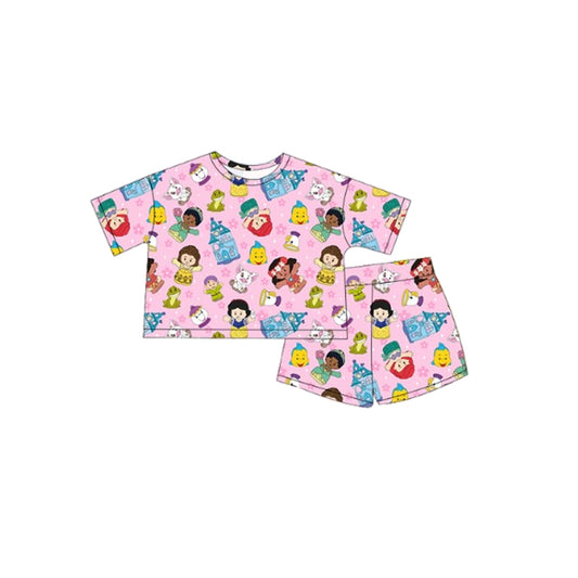 Preorder moq 5 Baby Girls Pink Short Sleeves Cartoon Dolls Flowers Top Short Pajamas Set