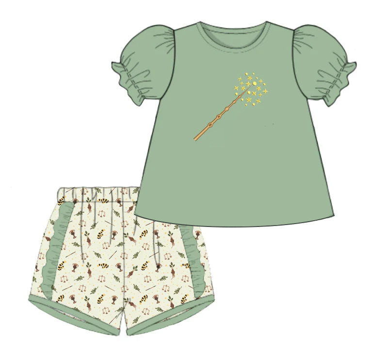 Baby Girls Green Short Ruffle Sleeves Magic Stick Tunic Short Set Preorder