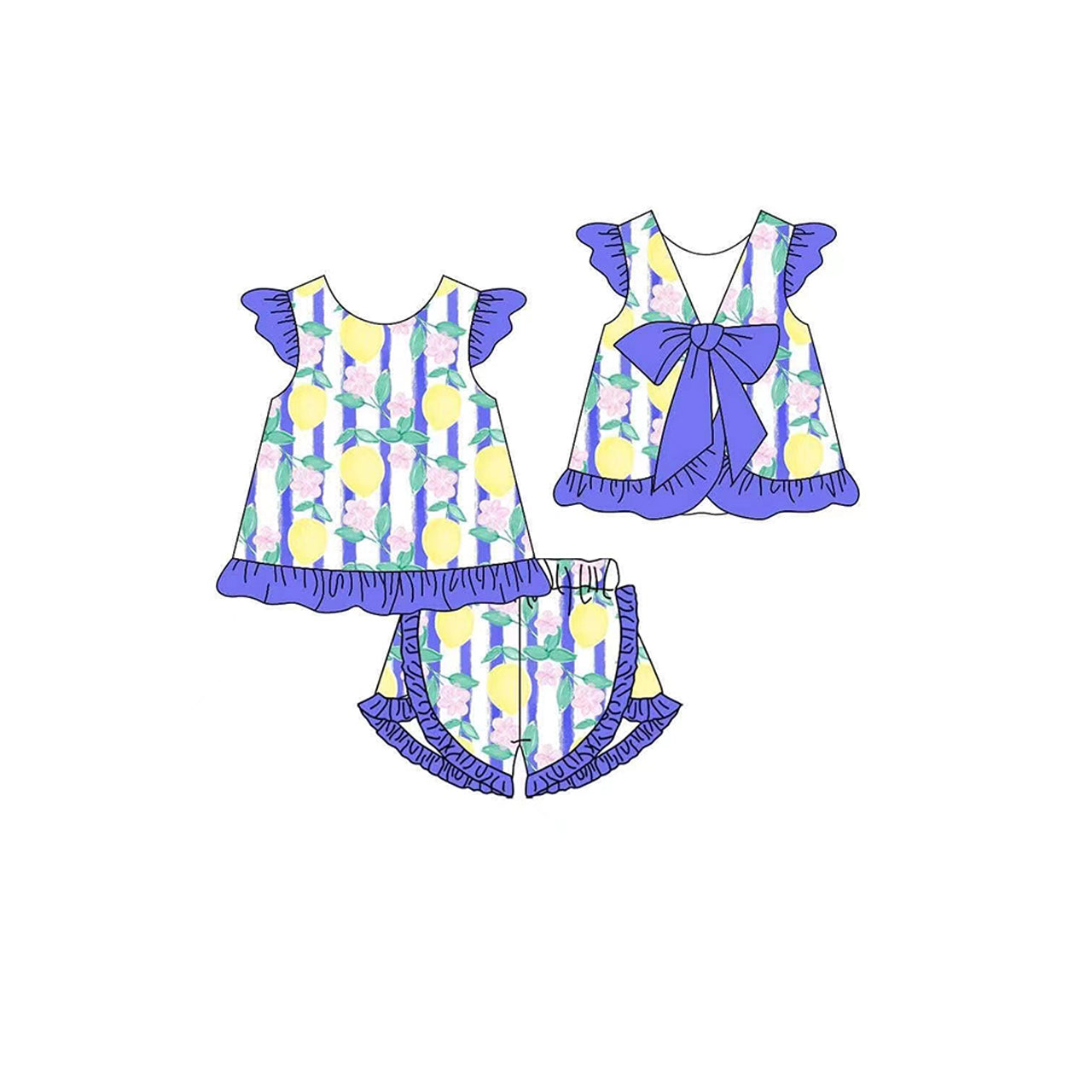 Preorder moq 5 Baby Girls Purple Strip Lemons Tunic Ruffle Short Set