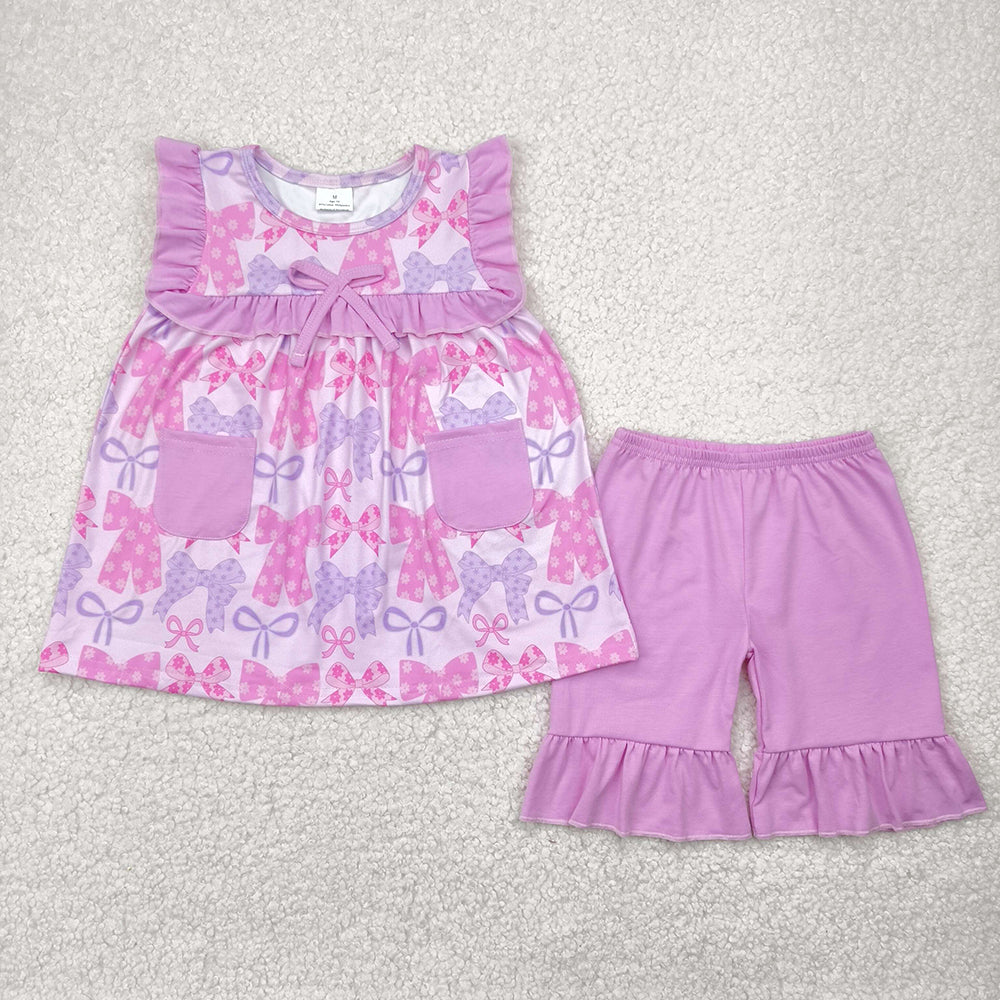 Baby Girls Lavender Bows Pockets Tunic Ruffle Shorts Sets