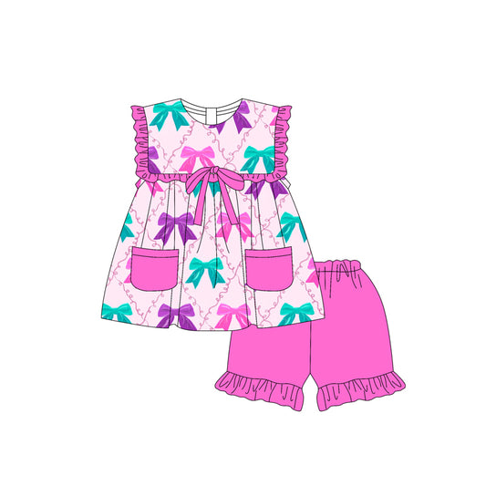 Baby Girls Colorful Bows Pockets Tunic Pink Ruffle Short Set Preorder