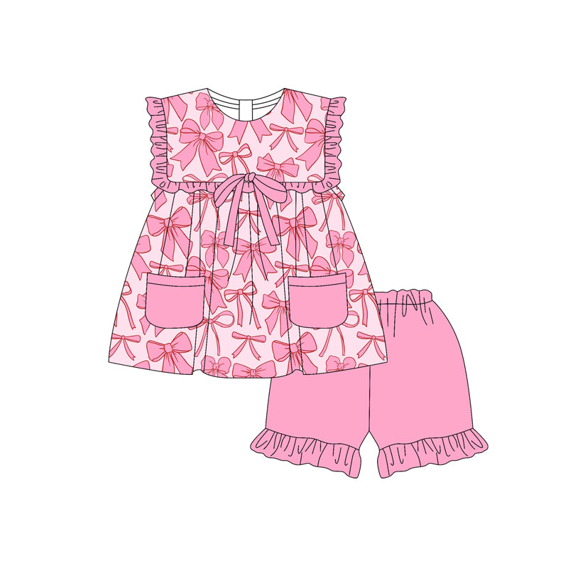 Baby Girls Pink Bows Pockets Tunic Ruffle Short Set Preorder