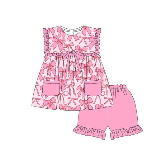 Baby Girls Pink Bows Pockets Tunic Ruffle Short Set Preorder