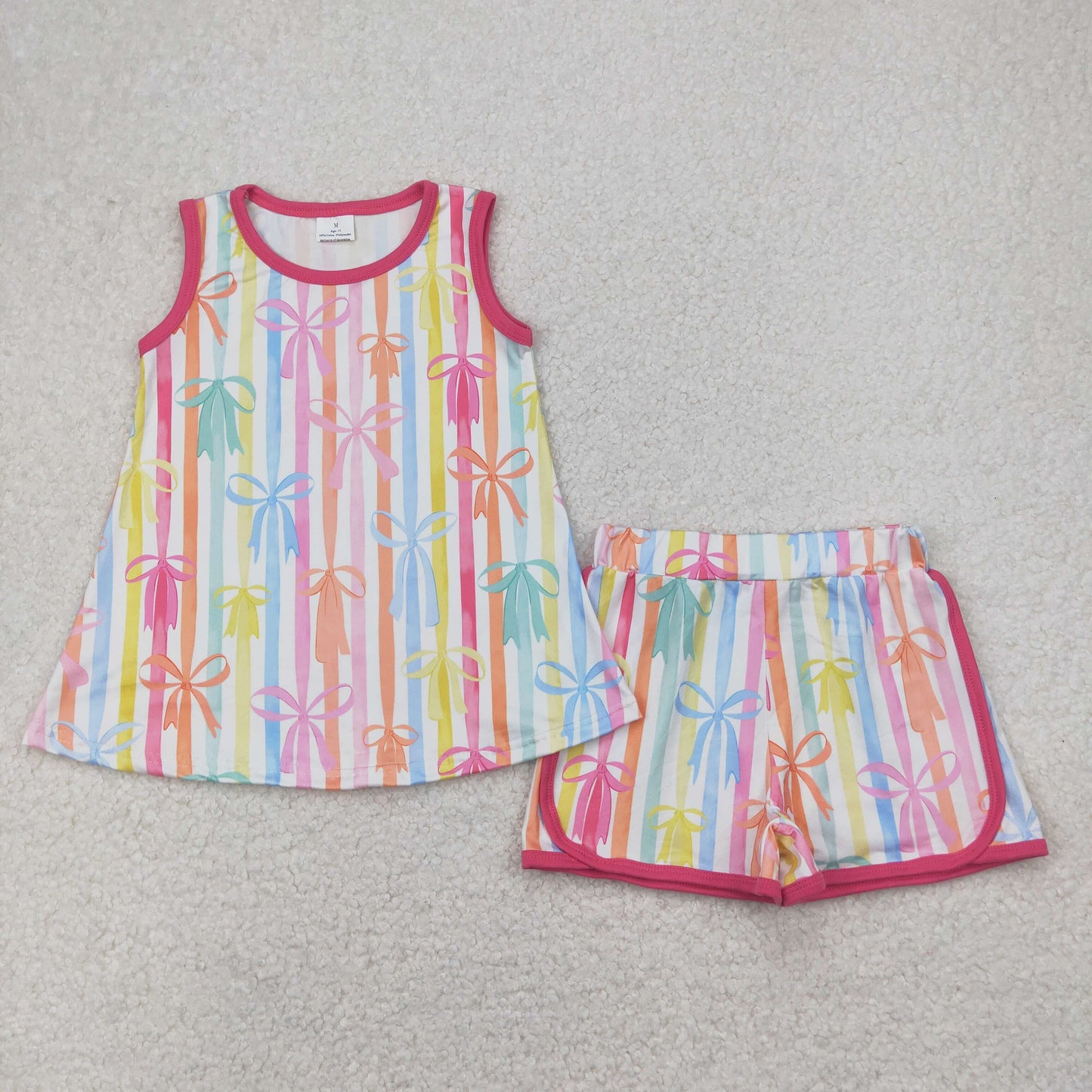 Sibling Baby Girls Sleeveless Colorful Stripe Bows Top Shorts Sets Knee Length Dresses