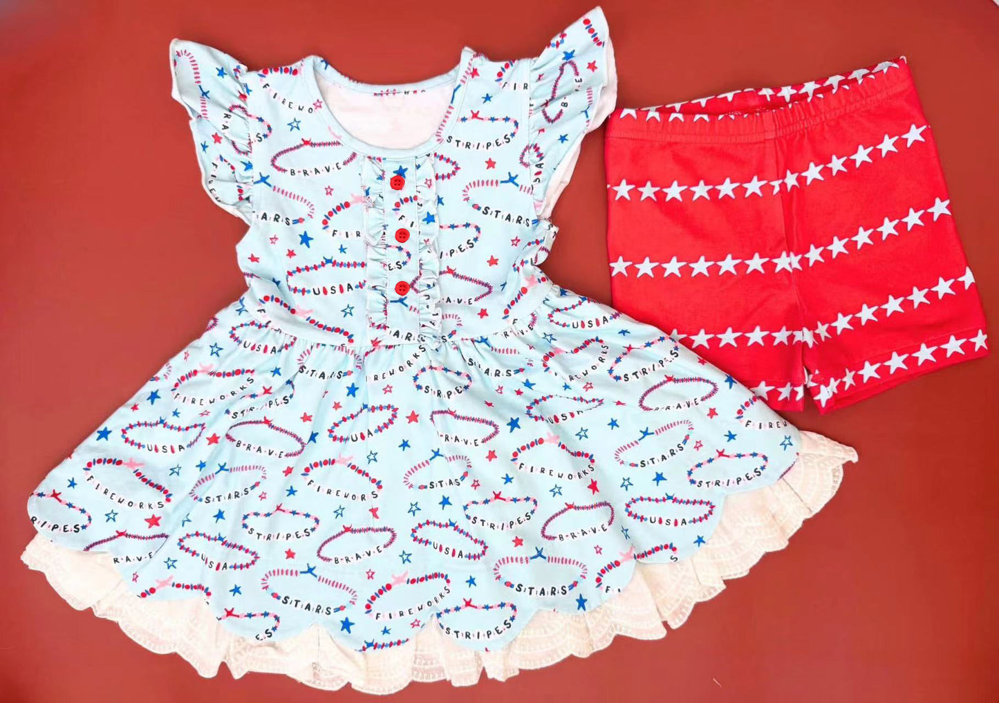Baby Girls Blue Red Stars Button Tunic Red Short 4th Of July Set Preorder