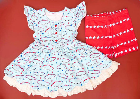 Baby Girls Blue Red Stars Button Tunic Red Short 4th Of July Set Preorder