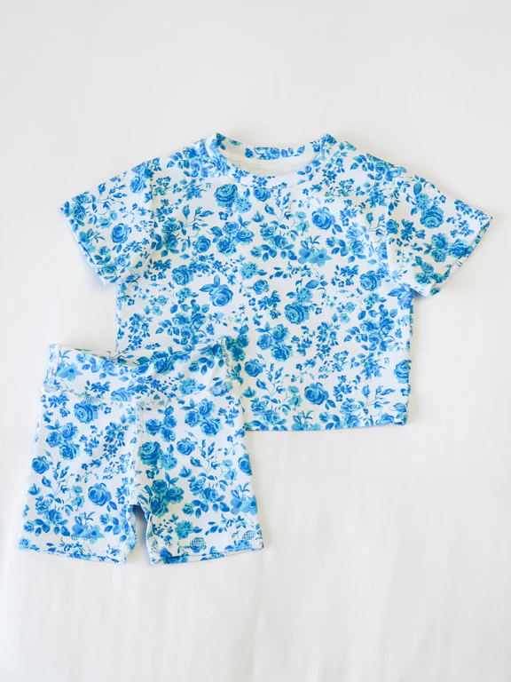 Baby Girls Blue Floral Top Short Pajamas Sets Preorder