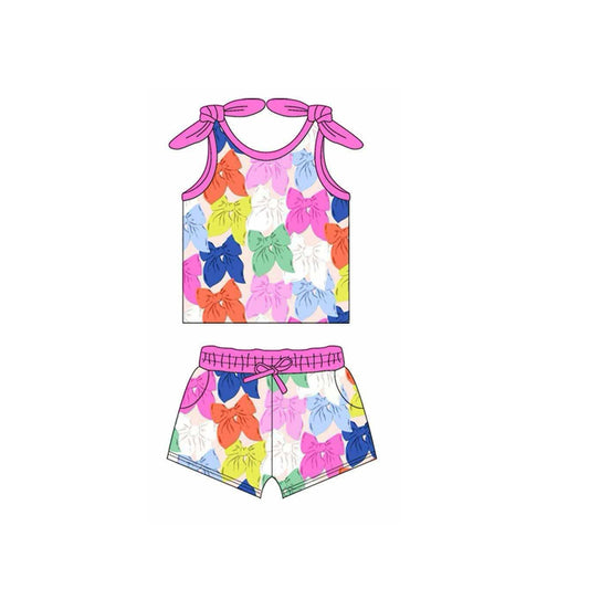 Baby Girls Pink Strap Colorful Bows Top Pockets Short Sets Preorder
