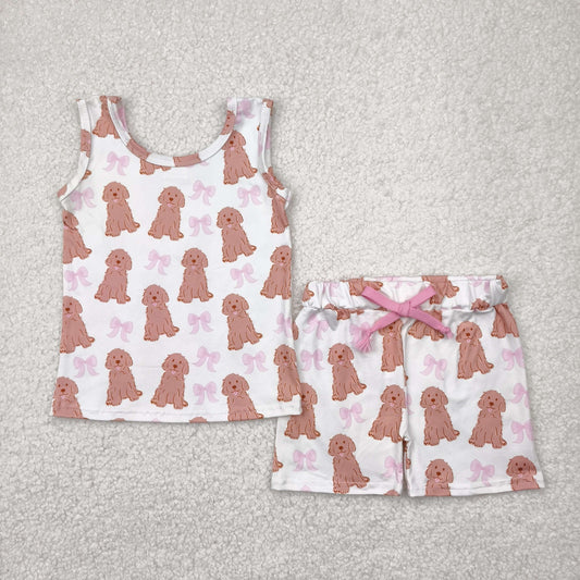 Sibling Baby Girls Sleeveless Bows Dogs Flowers Top Short With Belt Sets