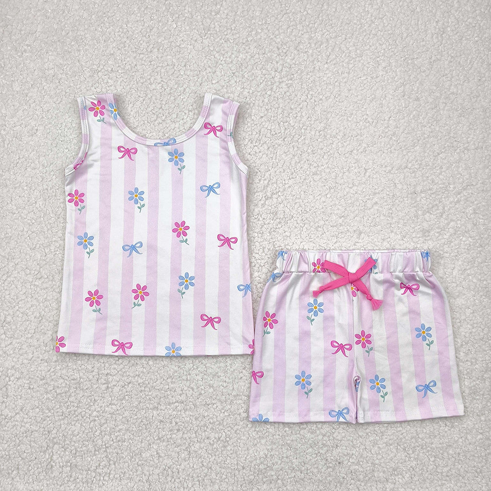Baby Girls Pink Stripe Sleeveless Bows Flowers Top Shorts Sets