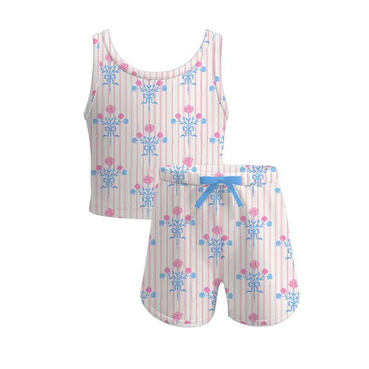 Baby Girls Pink Stripe Sleeveless Flowers Top Short Set Preorder