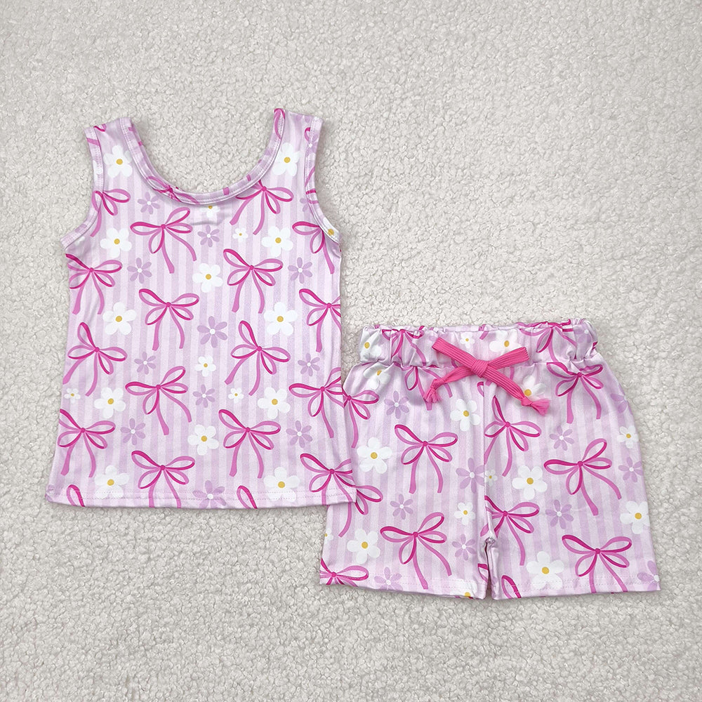 Baby Girls Sleeveless Pink Bows Flowers Top Shorts Sets