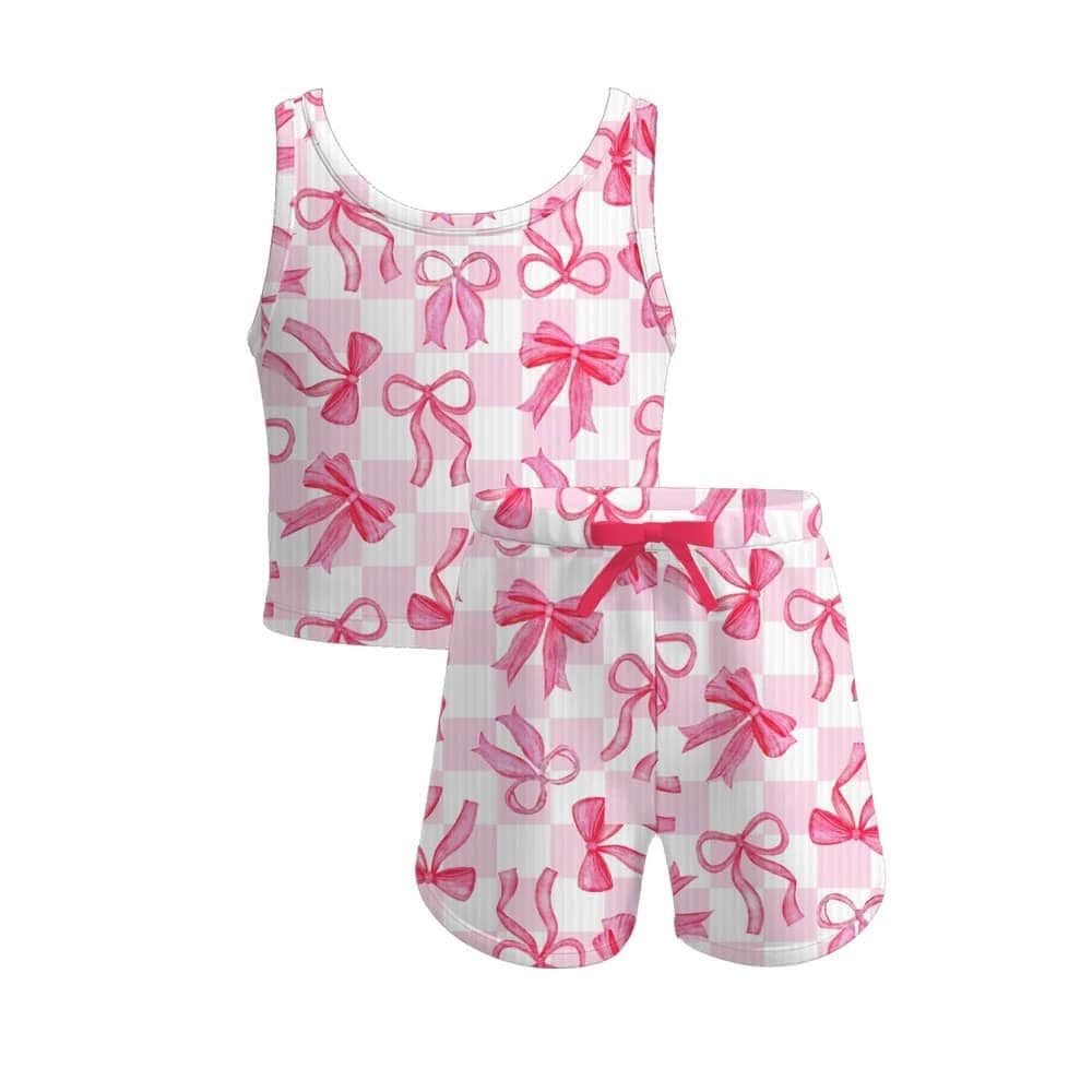 Baby Girls Sleeveless Pink Plaid Bows Top Short Set Preorder