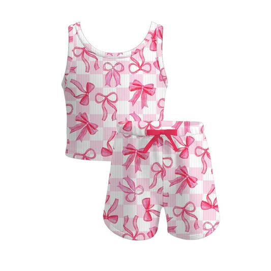 Baby Girls Sleeveless Pink Plaid Bows Top Short Set Preorder
