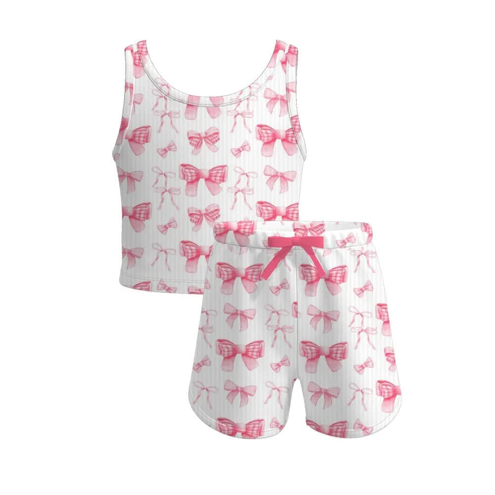 Preorder moq 5 Baby Girls Sleeveless Pink Bows Top Yoga Set