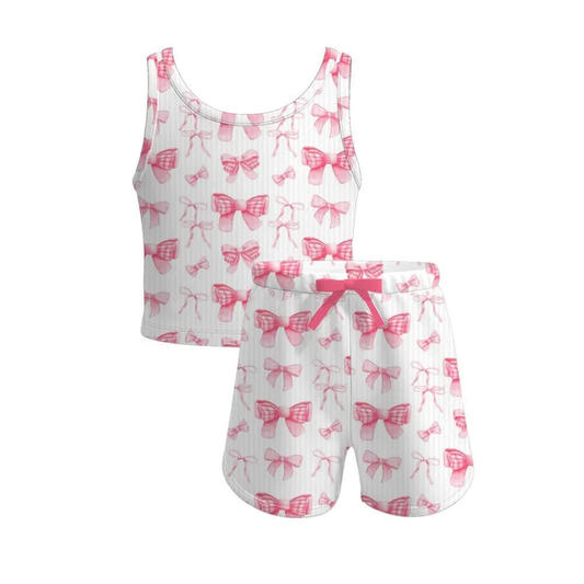 Preorder moq 5 Baby Girls Sleeveless Pink Bows Top Yoga Set