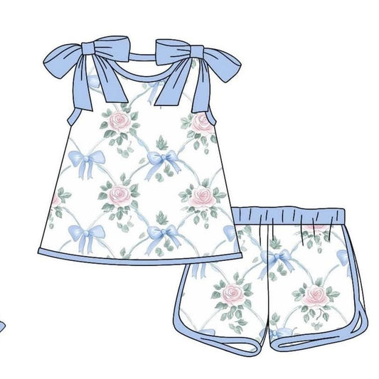 Preorder moq 5 Baby Girls Sleeveless Bows Flowers Plaid Tunic Short Set