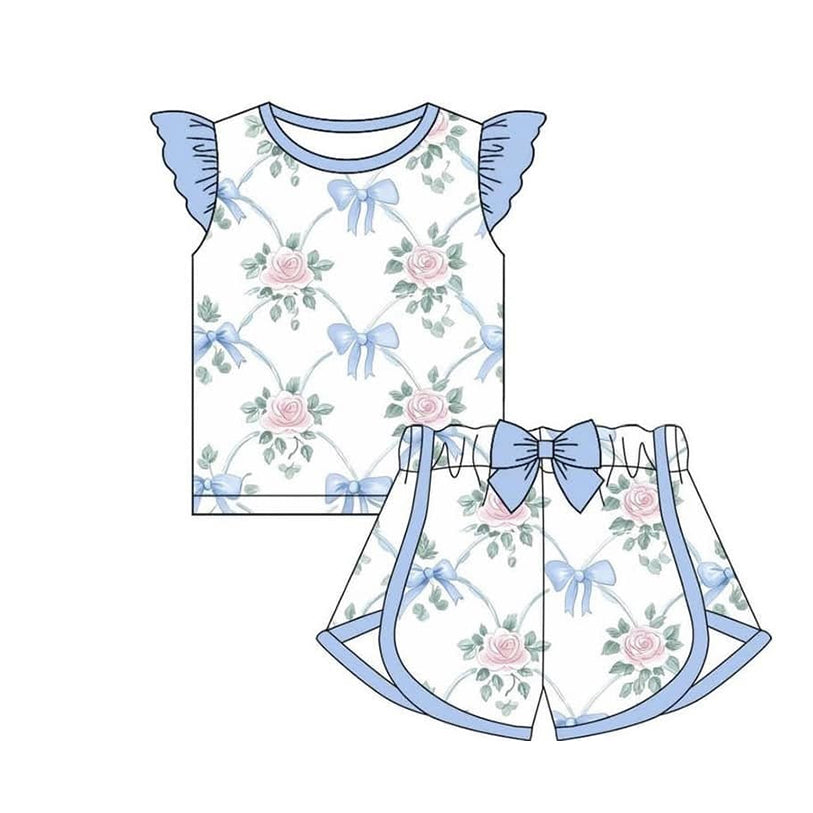 Preorder moq 5 Baby Girls Flutter Sleeves Bows Floral Top Short Set