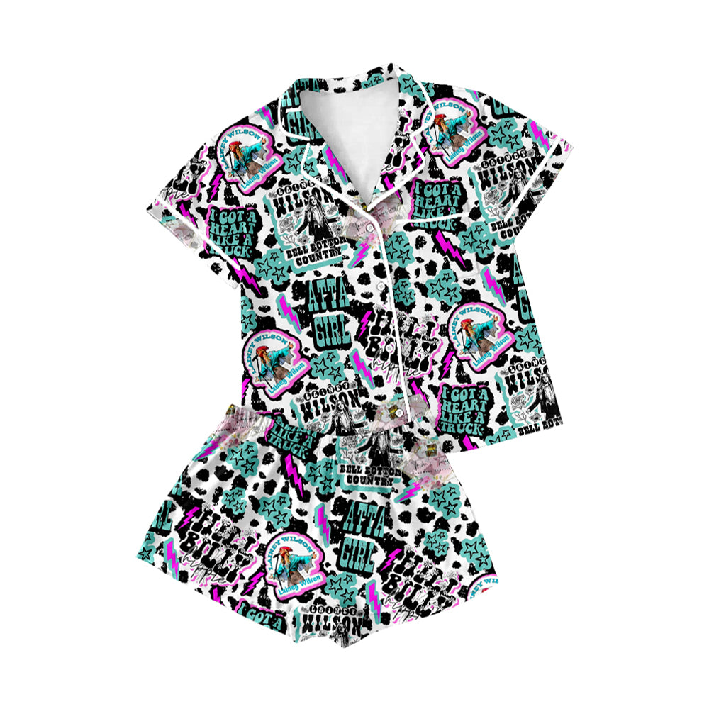 Adult Women Cow Print Atta Girl Button Pocket Top Shorts Pajamas Set Preorder