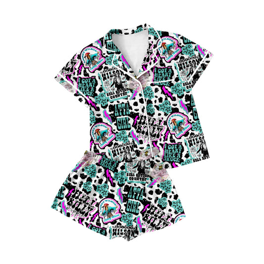 Adult Women Cow Print Atta Girl Button Pocket Top Shorts Pajamas Set Preorder