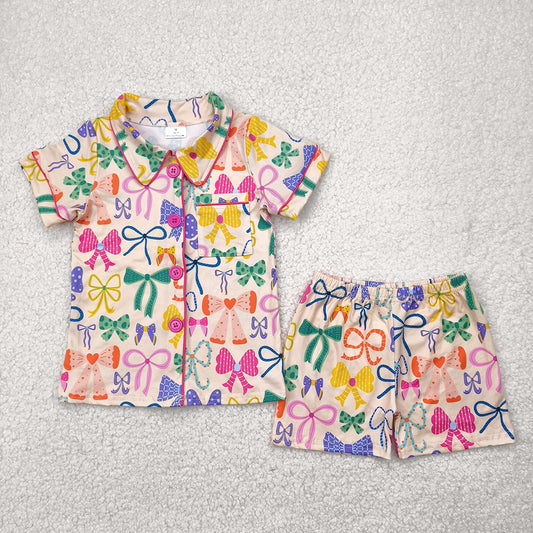 Baby Girls Colorful Bows Button Pocket Top Short Pajamas Sets