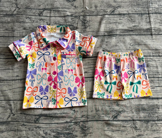 Baby Girls Colorful Bows Button Pocket Top Short Pajamas Sets