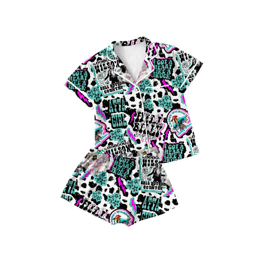 Preorder moq 5 Baby Girls Cow Print Atta Girl Button Pocket Top Short Pajamas Set