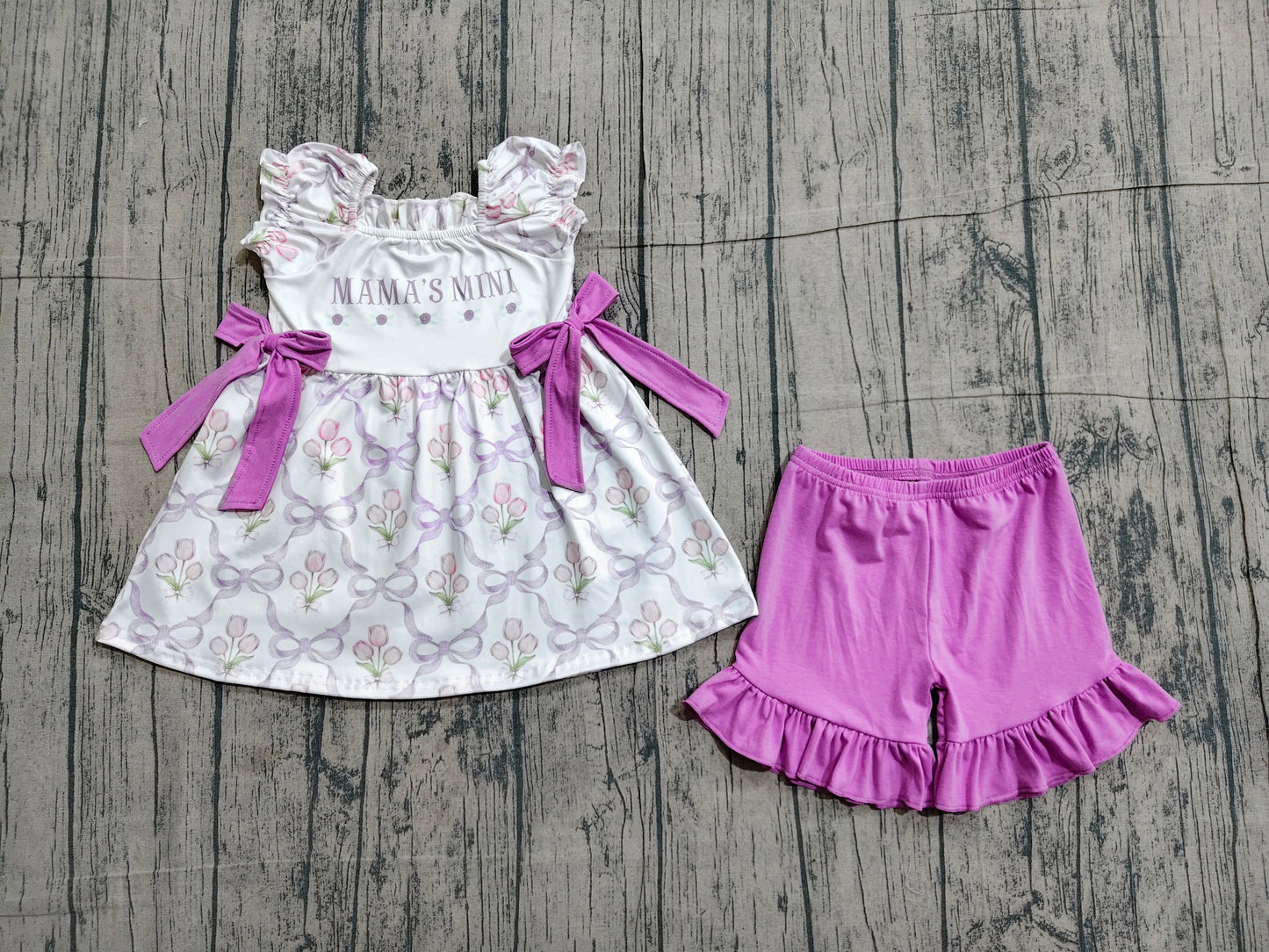 Baby Girls Mama's Mini Bows Flowers Checked Tunic Ruffle Short Clothes Set
