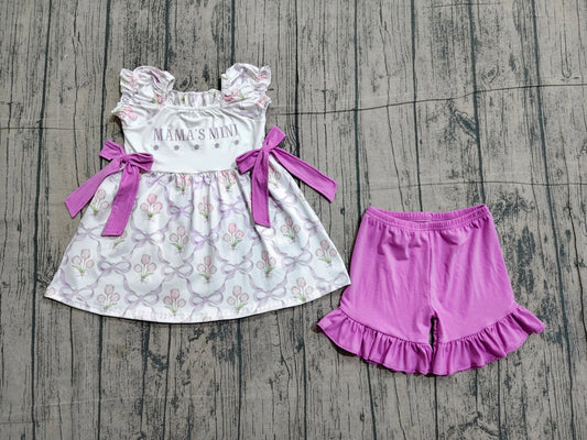 Baby Girls Mama's Mini Bows Flowers Checked Tunic Ruffle Short Clothes Set