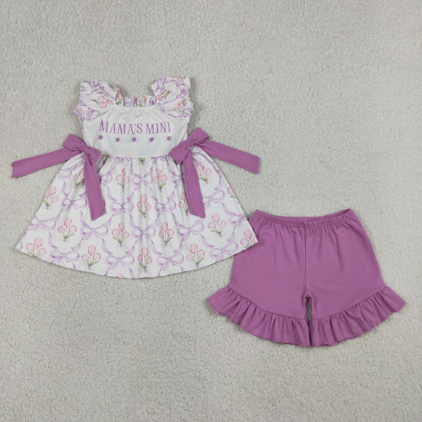 Baby Girls Mama's Mini Bows Flowers Checked Tunic Ruffle Short Clothes Set