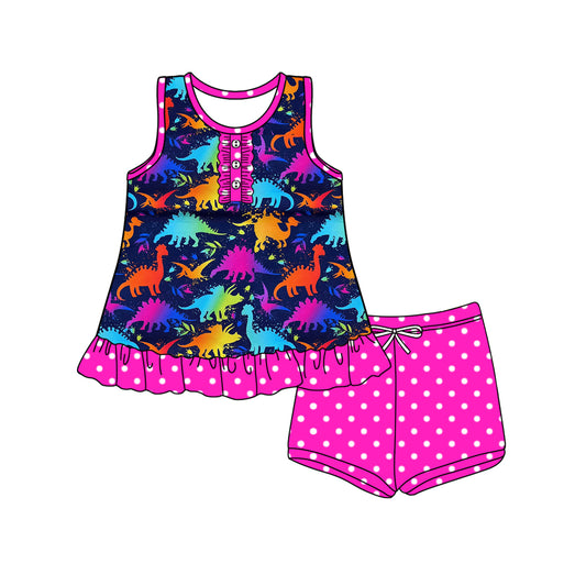 Baby Girls Colorful Dinosaurs Button Tunic Polka Dots Short Set Preorder