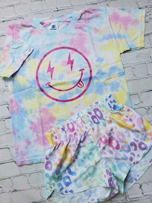 Baby Girls Tie-dye Smile Top Colorful Leopard Shorts Sets Preorder