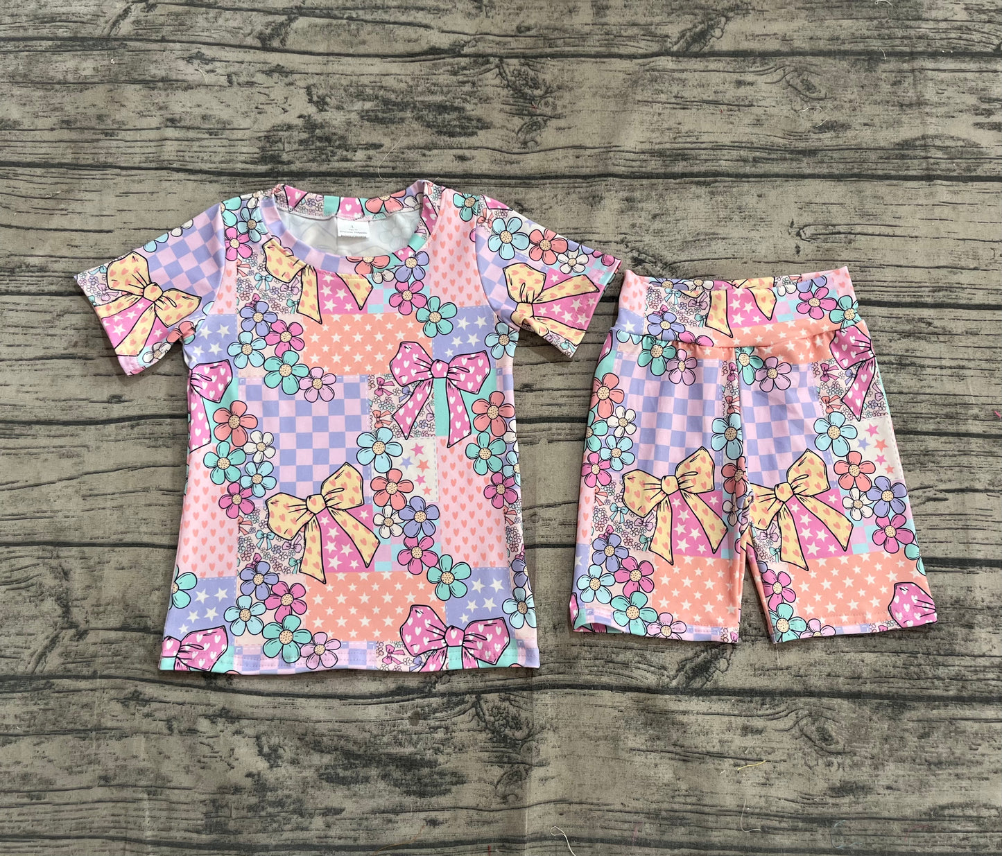Baby Girls Pink Flowers Plaid Top Short Biking Sets