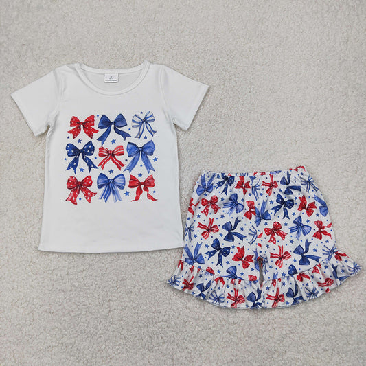 Baby Girls Blue Red Bows Stars Top Ruffle Shorts 4th Of July Sets
