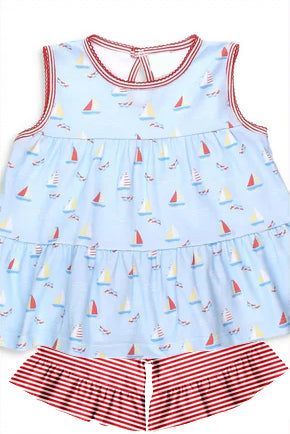 Baby Girls Boats Tunic Red Stripe Ruffle Short Set Preorder