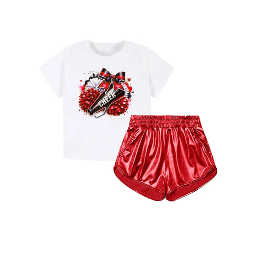 Baby Girls Bows CHEER Top Red Pleather Pockets Short Set Preorder
