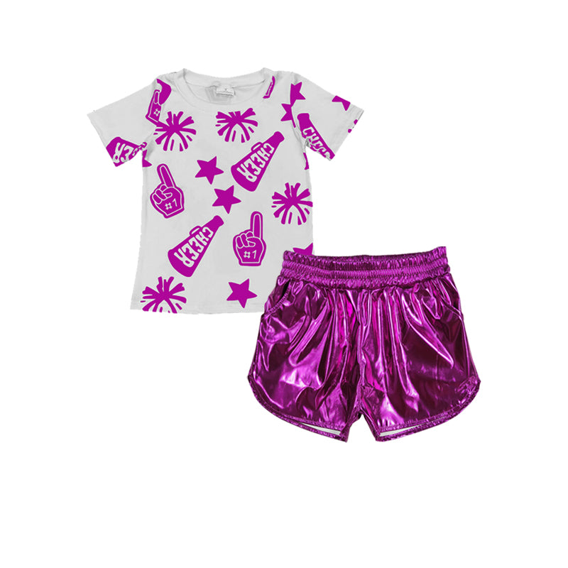Baby Girls Hot Pink Firework CHEER Top Pockets Pleather Short Set Preorder